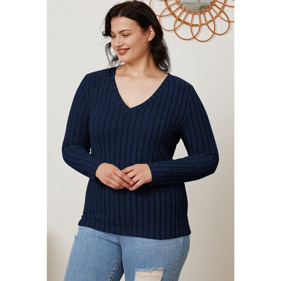 BASIC BAE Plus Dark Blue Ribbed V-Neck Long Sleeve Casual Top NEW 3X - Picture 2 of 7
